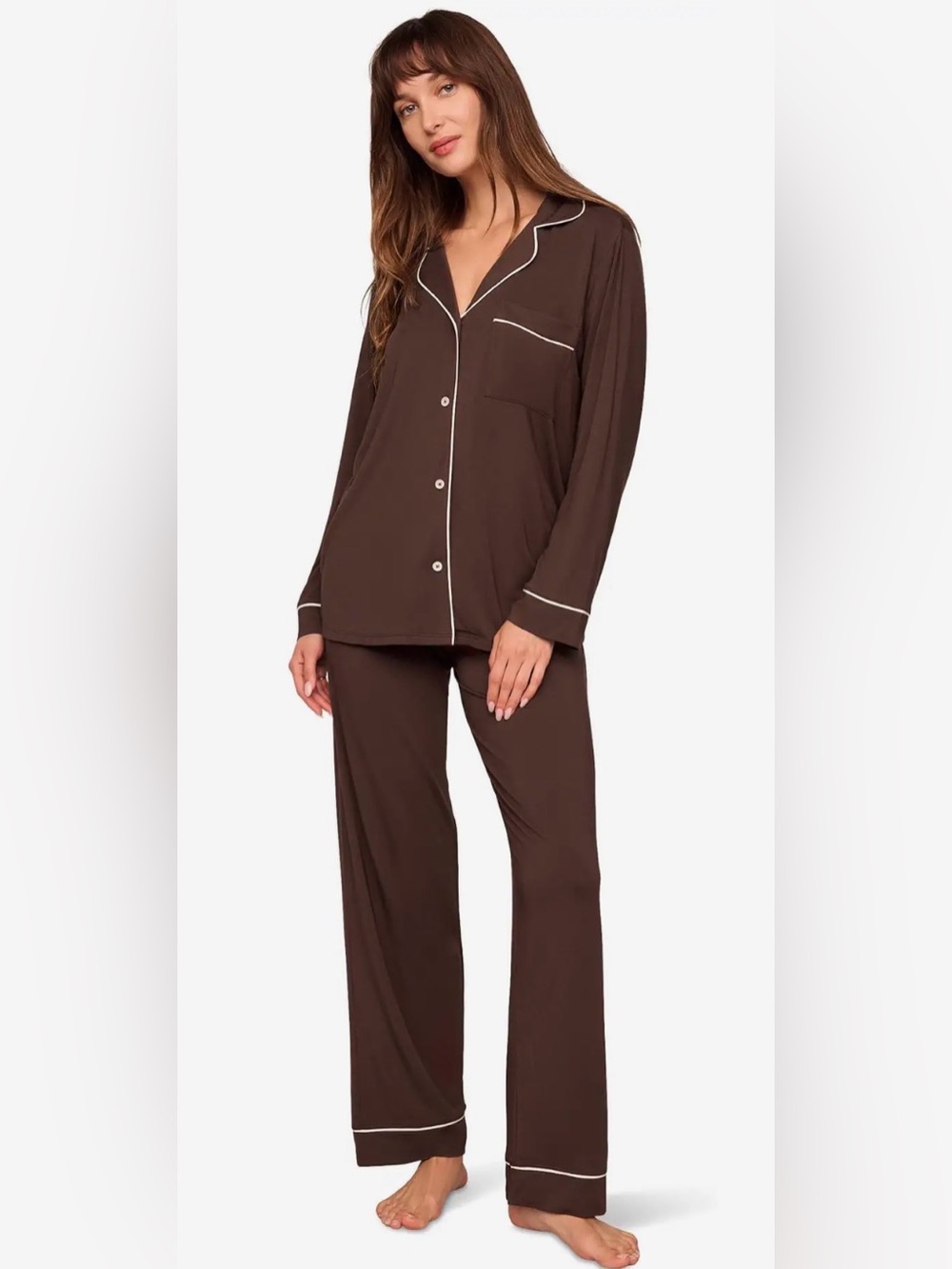 Eberjey Brown Pajama Set with Cream Piping